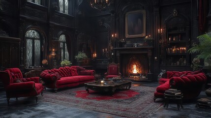 gothic vampires lair with ornate antique furniture and candlelit ambiance rich dark colors velvet textures and eerie shadows create a luxurious yet haunting atmosphere