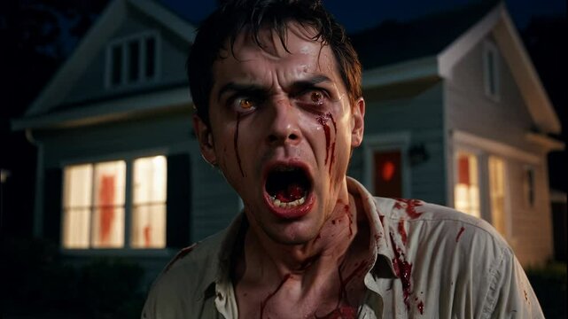 A terrifying scene featuring a bloodied man with glowing red eyes, screaming in rage and horror. The dark setting with a dimly lit house in the background adds to the intense and eerie atmosphere.