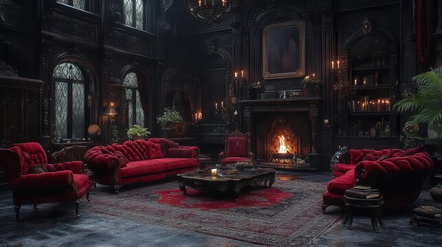 gothic vampires lair with ornate antique furniture and candlelit ambiance rich dark colors velvet textures and eerie shadows create a luxurious yet haunting atmosphere