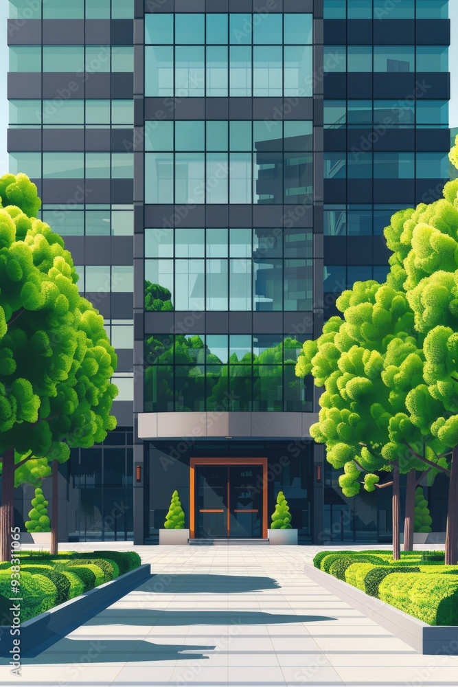 Poster a house with trees and bushes in the foreground