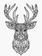 Intricate Deer Mandala:  An elegant and detailed black and white illustration of a deer's head in a mandala style, perfect for coloring, meditation, and interior design.  