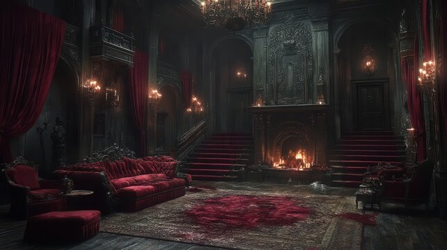 gothic vampires lair with ornate antique furniture and candlelit ambiance rich dark colors velvet textures and eerie shadows create a luxurious yet haunting atmosphere