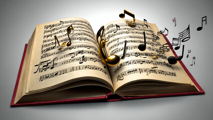 Photo Realistic as Book and Musical Notes concept as A book with musical notes floating around set against a dreamy background offering ample space for text or graphics symbolizing the harmony of acad