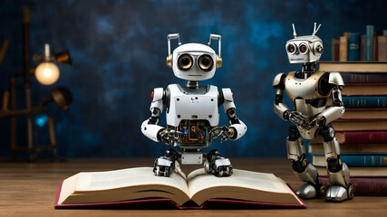 Photo Realistic as Book and Robot concept as A book with a small robot next to it set against a whimsical background offering ample space for text or graphics symbolizing the integration of literature