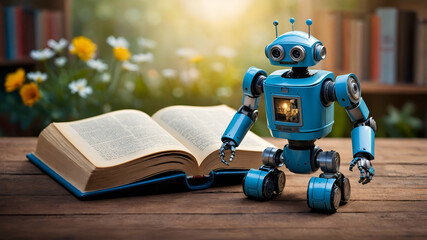 Fototapeta premium Photo Realistic as Book and Robot concept as A book with a small robot next to it set against a whimsical background offering ample space for text or graphics symbolizing the integration of literature