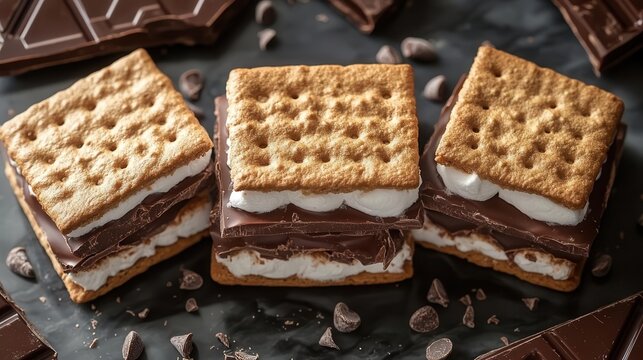 gourmet smores deconstructed artfully arranged on marble surface golden marshmallow rich chocolate and crisp graham crackers in exquisite detail