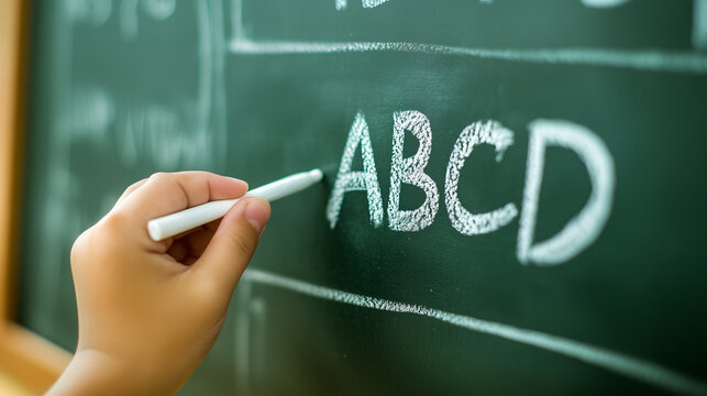 Close-up of a handwriting "ABCD" on a green school board with white chalk.