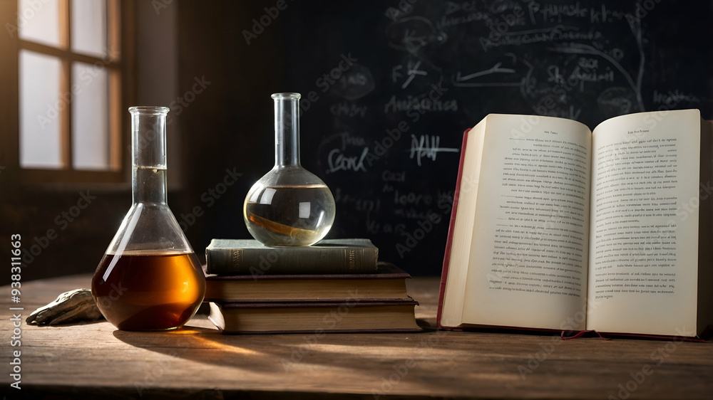 Poster photo realistic as book and science experiment concept as a book next to a science experiment set ag