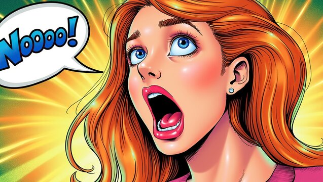Shocked woman in comic style with wide eyes and open mouth