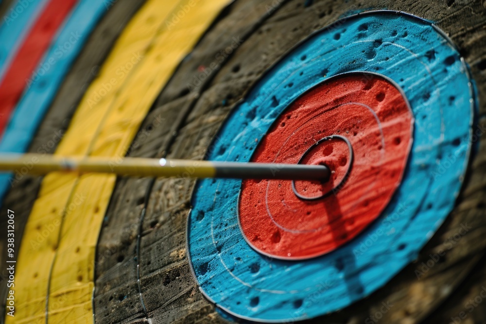 Poster A close-up view of a target with a colorful design, featuring a sharp arrow pointing towards the center
