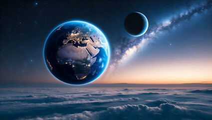 Photo Realistic as Earth Dawn and Space Dusk concept as A view of Earth at dawn and space at dusk set against a dreamy background offering ample space for text or graphics symbolizing the serene beaut