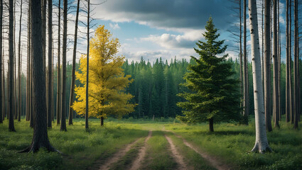 Obraz premium Photo Realistic as Dying Trees and Flourishing Forest concept as A view illustrating dying trees and a flourishing forest set against a dreamy background offering ample space for text or graphics symb