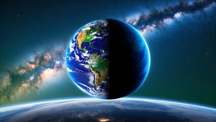 Fototapeta premium Photo Realistic as Earth Day and Space Night concept as A view illustrating Earth during the day and space at night set against a dreamy background offering ample space for text or graphics symbolizin