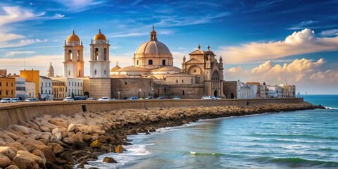 spire, magnificent, stone, cityscape, summer,Cathedral, Cadiz, ancient, close-up, church, dome, religious, Panorama of the Cathedral of Cadiz at the stunning Atlantic coastline