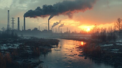 Obraz premium Industrial Sunset with River and Smoke