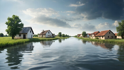 Obraz premium Photo Realistic as Flooded Area and Prosperous Village concept as A view of a flooded area and a prosperous village set against a dreamy background offering ample space for text or graphics symbolizin