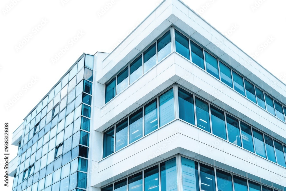 Poster a modern high-rise building with numerous windows, suitable for cityscape or corporate background us