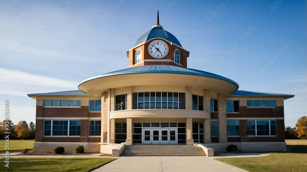 Poster photo realistic as school building and clock concept as a whimsical school building with a clock set