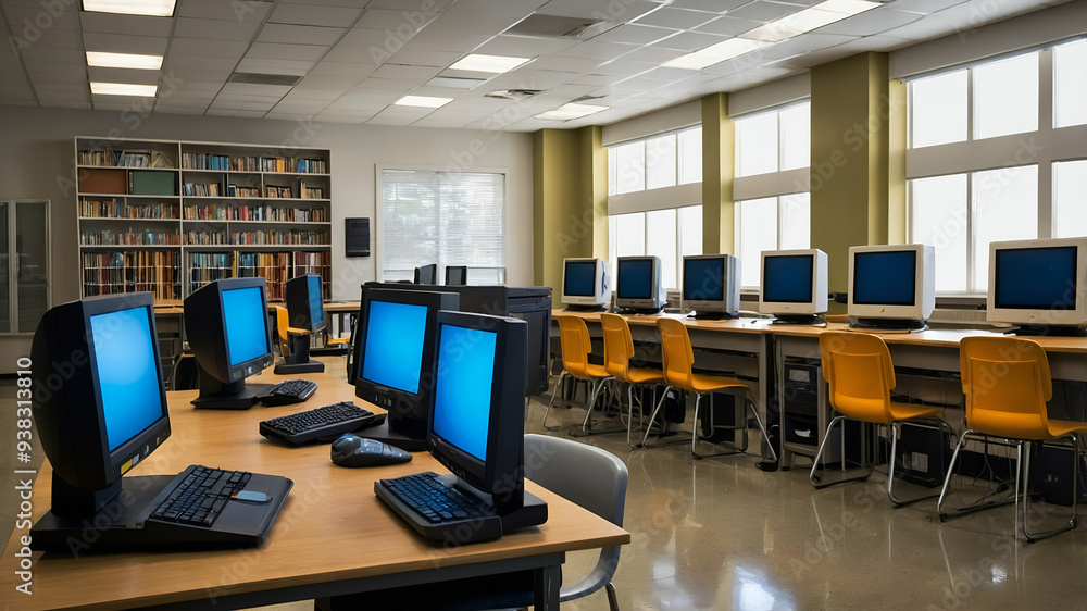 Poster Photo Realistic as School Computer Lab and Laptop concept as A whimsical school computer lab with laptops set against a dreamy background offering ample space for text or graphics symbolizing the inte