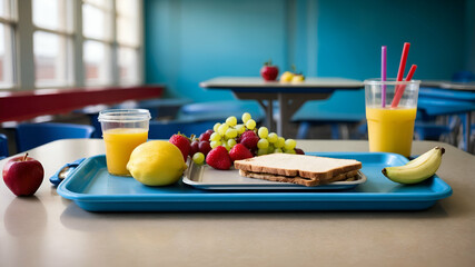 Photo Realistic as School Cafeteria and Lunch Tray concept as A whimsical school cafeteria with a lunch tray set against a dreamy background offering ample space for text or graphics symbolizing the i
