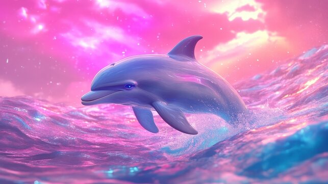 A dolphin leaps out of the water with a pink and purple sky above.