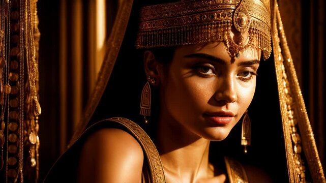 A stunning portrait of a woman dressed as an oriental ancient queen or princess, adorned with intricate golden jewelry and a regal headpiece. Ideal for themes of royalty, history, beauty, and luxury.