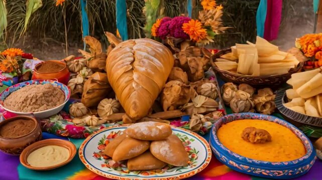An ofrenda filled with traditional Mexican food, such as pan de muerto, mole, and tamales