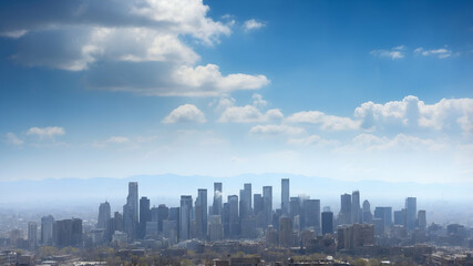 Fototapeta premium Photo Realistic as Urban Smog and Clear Skies concept as A view depicting urban smog and clear skies set against a dreamy background offering ample space for text or graphics symbolizing the effects o