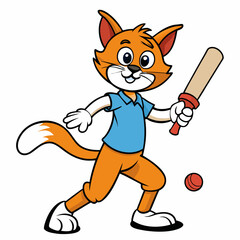 Cat Playing Cricket on White Background art vector illustration