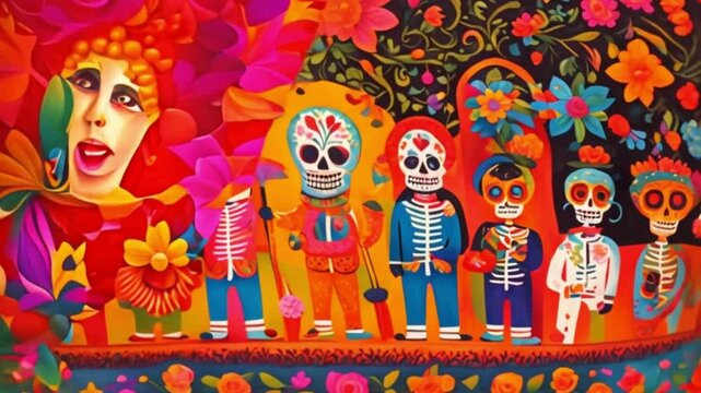 A piece of Mexican folk art depicting the Day of the Dead, with vibrant colors and symbolic imagery
