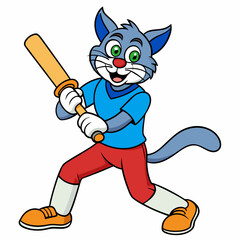 Cat Playing Cricket on White Background art vector illustration