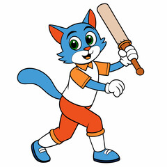 Cat Playing Cricket on White Background art vector illustration