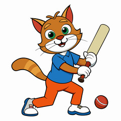 Cat Playing Cricket on White Background art vector illustration
