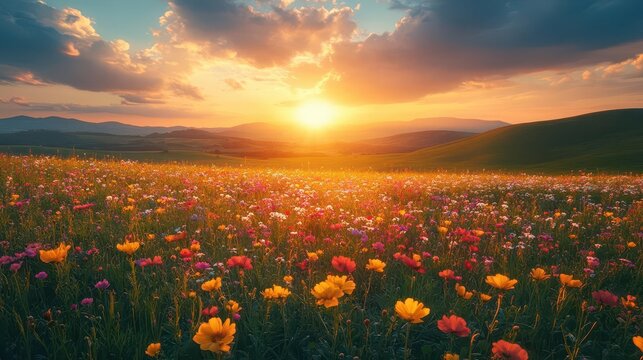 idyllic summer landscape with rolling green meadow beneath azure sky golden sunlight fluffy clouds and vibrant wildflowers creating a scene of natural serenity