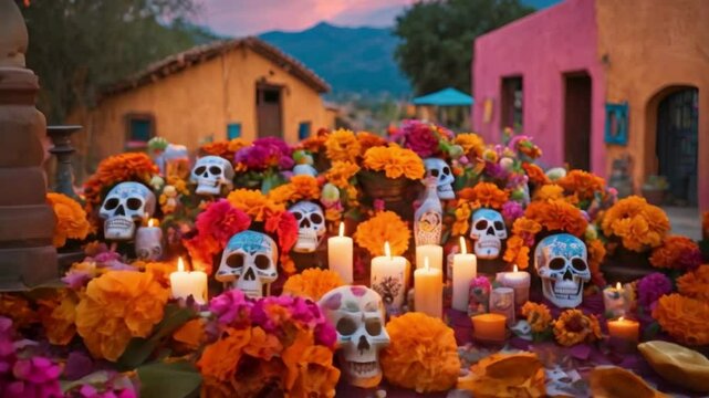 A vibrant ofrenda with sugar skulls, marigolds, and candles, set against a backdrop of a Mexican village