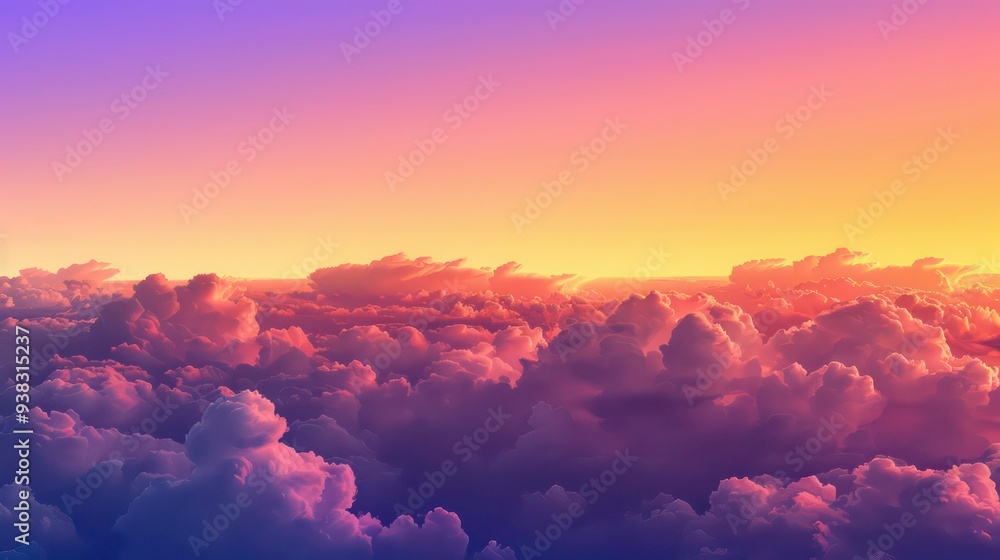 Poster an aerial view of a vast sea of clouds with a colorful gradient sky.
