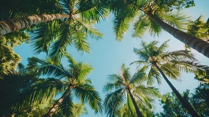 Obraz premium A breathtaking view of tall, lush palm trees with a clear blue sky as the backdrop, captured from below looking up.