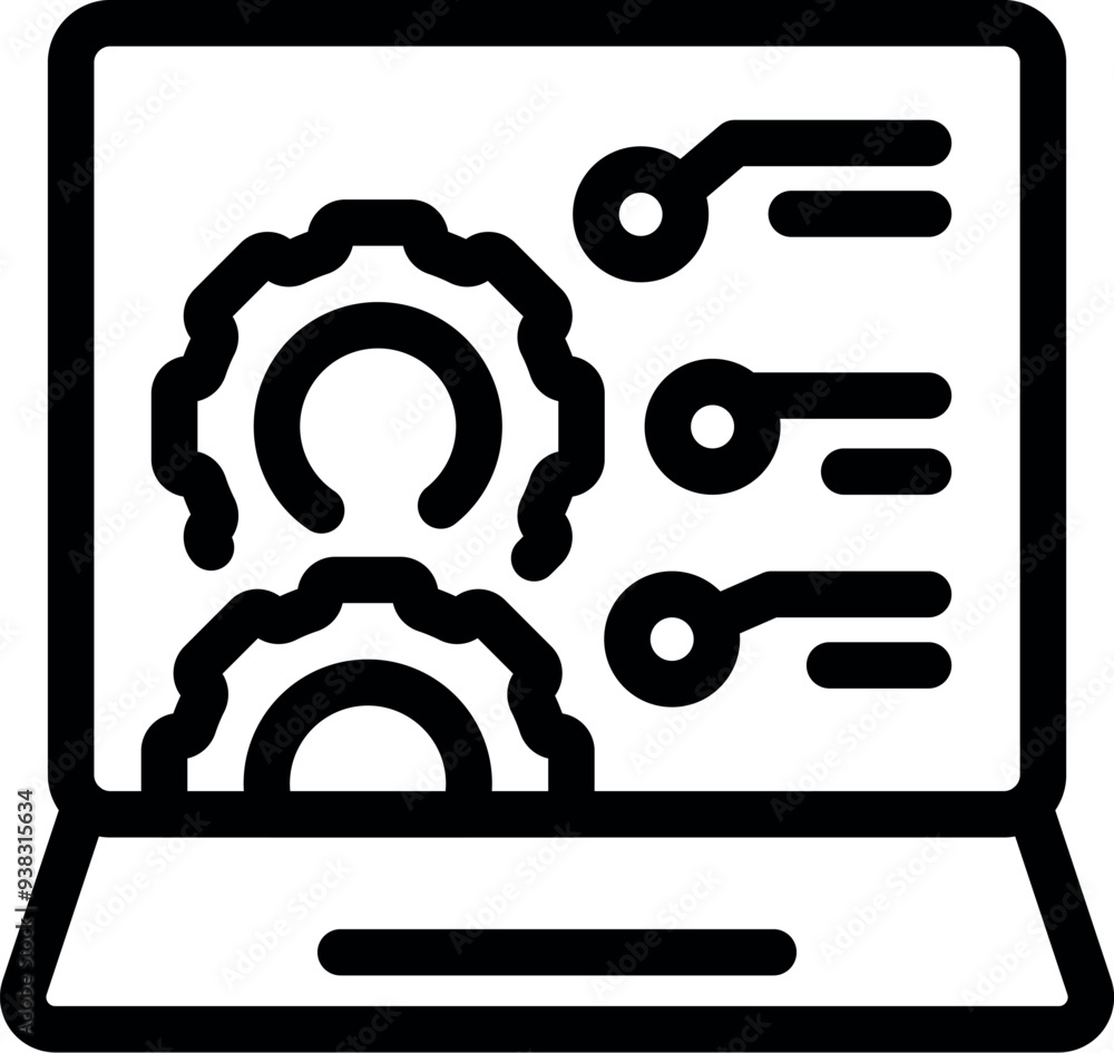 Poster laptop is displaying cogwheels and data, representing a software development process