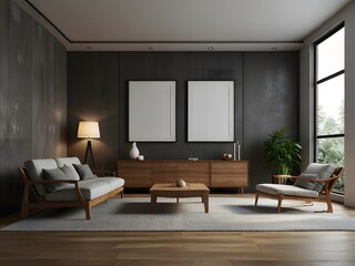 living room interior with photo frame mockup 