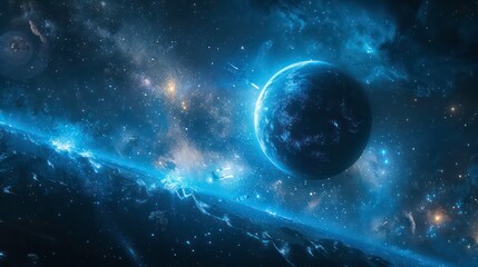 Obraz premium A blue planet with a starry sky and galaxies in the background.