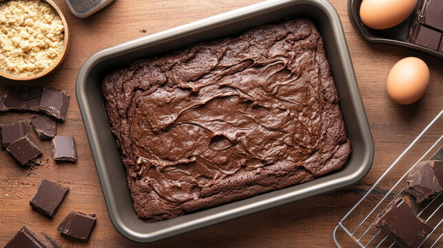 “Chocolate cake dough spread evenly in a baking tray, ready to be baked. The rich, smooth texture of the dough is highlighted against the metallic surface of the tray, capturing the anticipation 