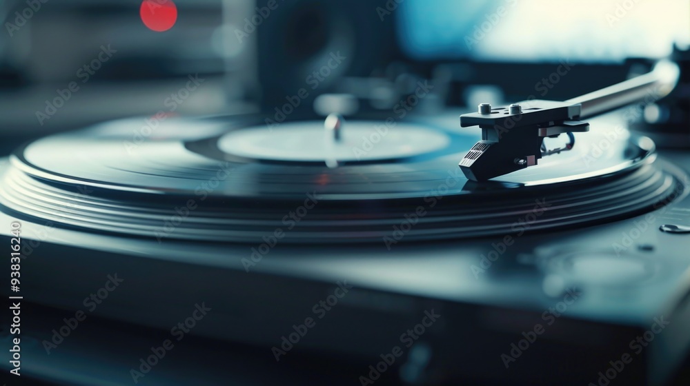 Poster a close-up view of a record player's turntable, ready to play music