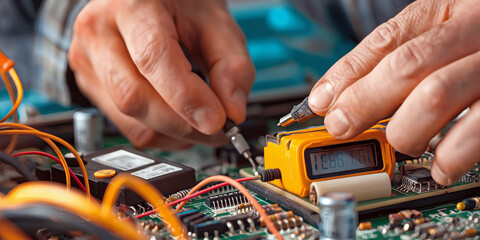 A close-up of an electrician's hands using a multimeter to measure voltage on a circuit board.