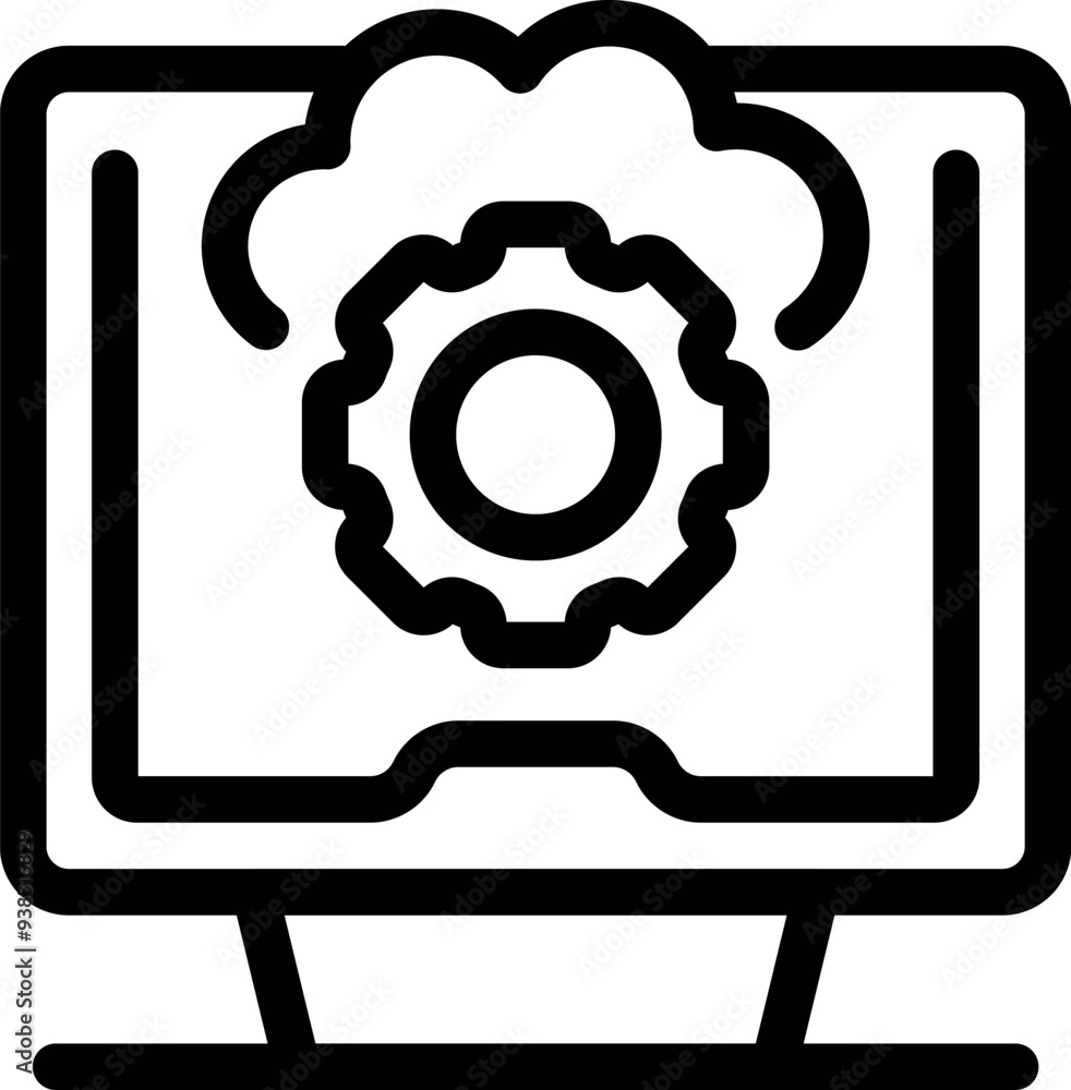 Poster simple, bold line icon of a computer screen displaying a cogwheel partially inside a cloud, represen