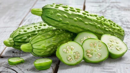 Place the cucumbers evenly spaced on the table, either aligned or in a natural pile, ensuring the arrangement looks neat and visually appealing.