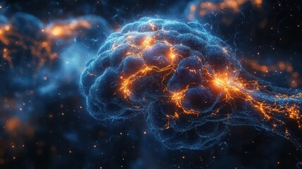 Naklejka premium intricate neural network visualization glowing synapses pulsing with electric blue energy abstract brainlike structure floating in a dark void illuminated by bioluminescent connections