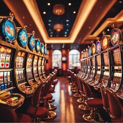 Slot machine in a casino with jackpot in warm colors.