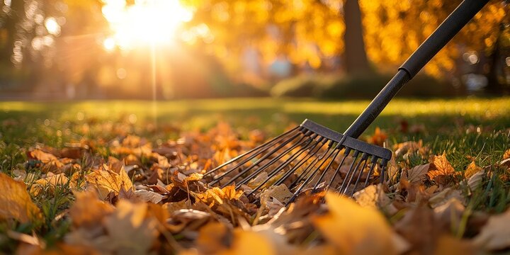 Person Raking Colorful Fallen Leaves in a Sunny Backyard