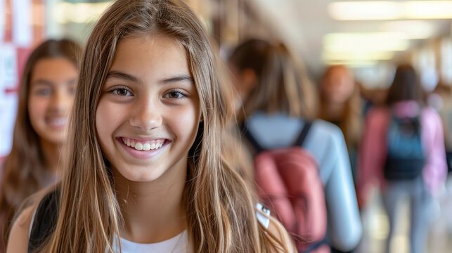 A young long-haired girl smiles and looks at the camera. Against the backdrop of a school building filled with students.