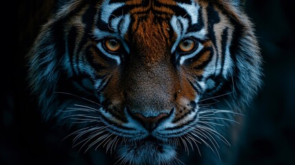Close-up of a tiger's face with intense golden eyes and sharp whiskers.